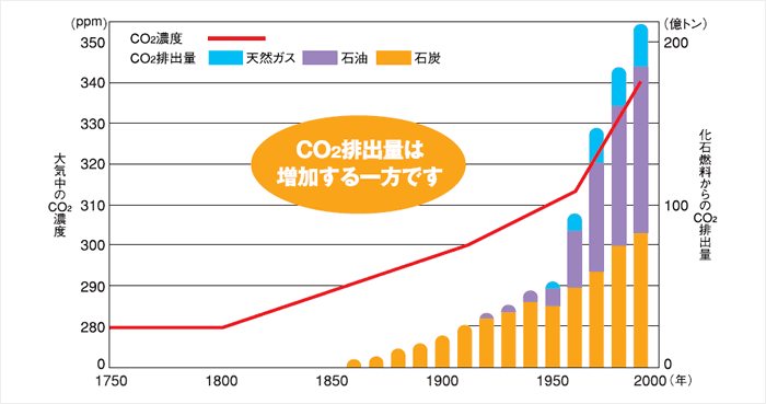 化石燃料からのCO2排出量と大気中のCO2濃度の変化